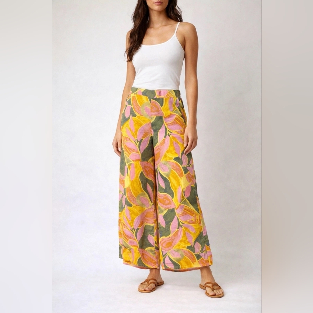Tahari Luxe Linen Wide-Leg Cropped Floral Leaf Pants | Size Small (NWT) - Picture 3 of 10